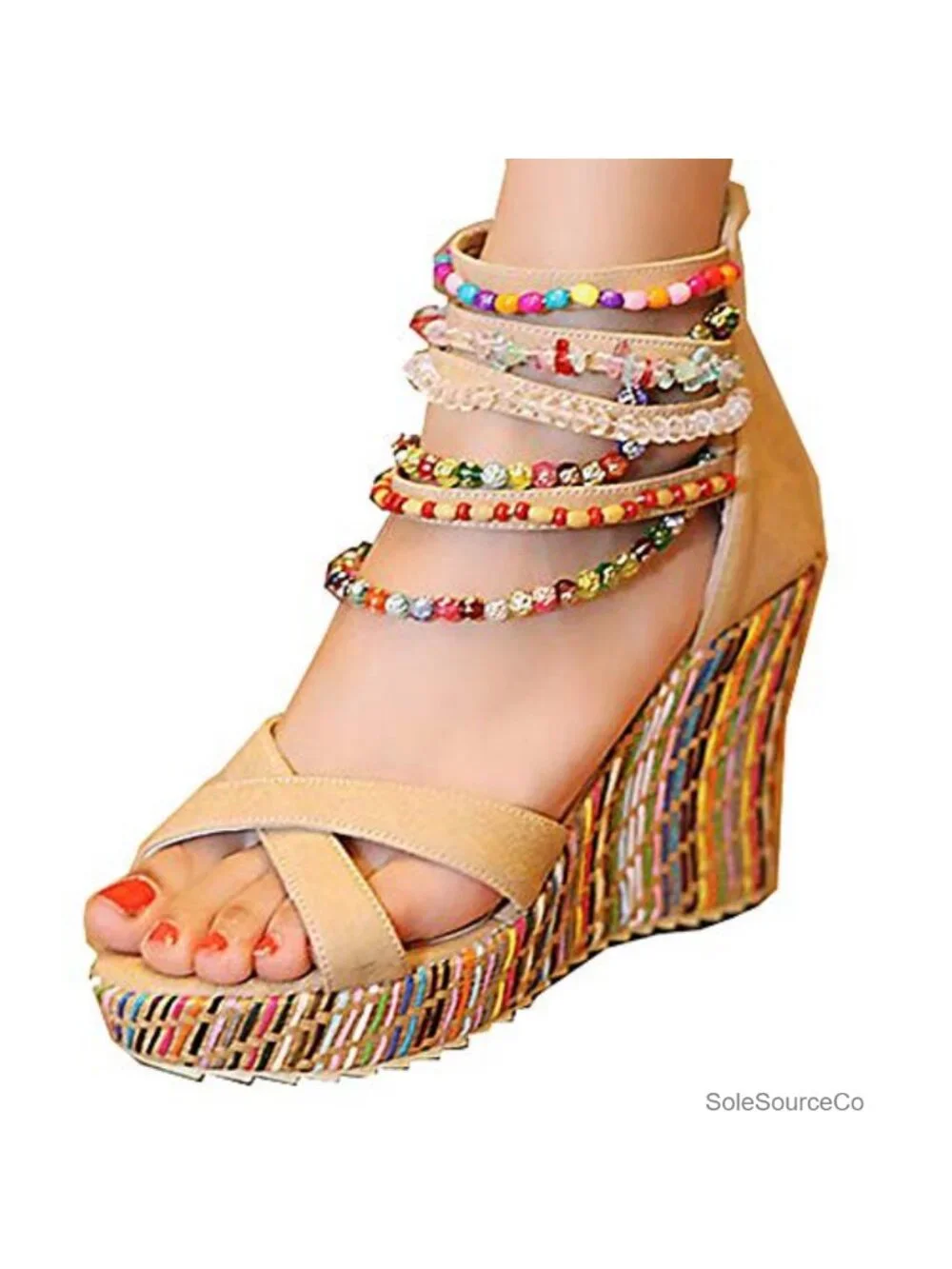 Women's Wedge Sandals Platform High Heels with Pearls Ankle Strap Open Toe